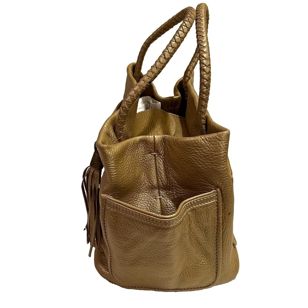 Mara Mac Brazil Y2K Gold Pebbled Leather Satchel Tote Bag Pockets Tassel Luxury